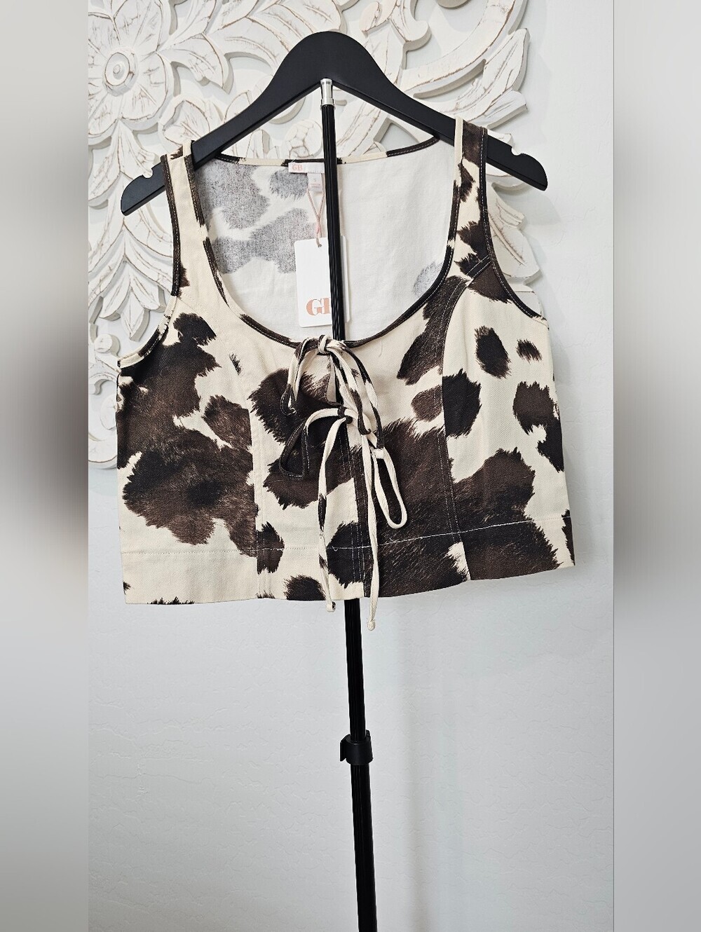 Gianni Bini Cream Brown Cow Print Tie-Front Denim Crop Top Womens Sz Small Large